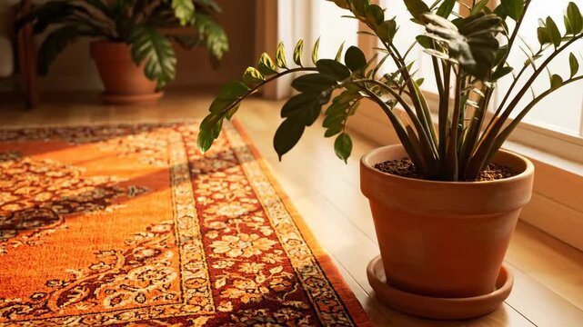 Indoor Plants and Persian Rug in Sunlight - A ZZ plant in a terracotta pot sits on a wooden floor beside a bright orange and red Persian style rug, with sunlight streaming in the window.