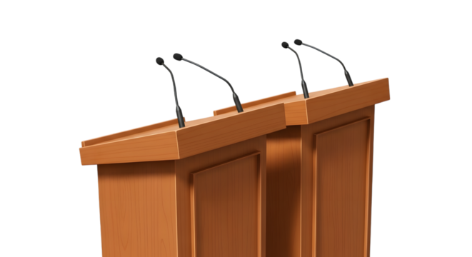 Wooden podium with two microphones isolated on transparent background - Powered by Adobe