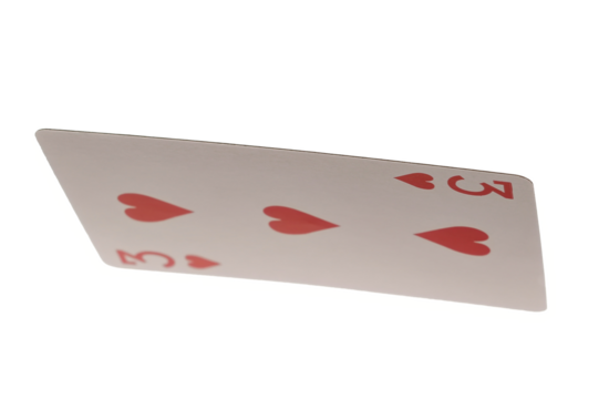 Playing card for poker and gambling, three heart flying, isolated on white background, clipping path