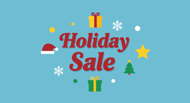 Festive holiday sale banner with gifts and snowflakes on blue background
