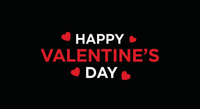 Valentine's day greeting with red hearts and bold typography on black background