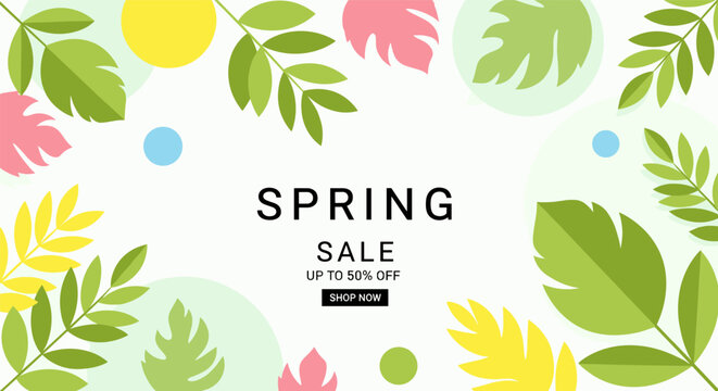 Spring sale banner with colorful leaf patterns and discount offers - Powered by Adobe