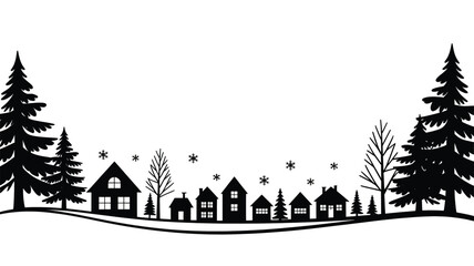 Charming black silhouette of a quaint snowy village with tall evergreen trees on either side and falling snowflakes above