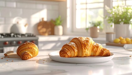 Golden Croissants on a Bright Kitchen Countertop.