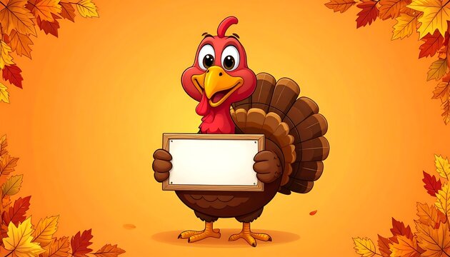 Festive Thanksgiving Turkey Holding a Blank Sign with Autumn Leaves.