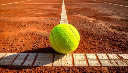 Close-up of a tennis ball on the line of a clay court.