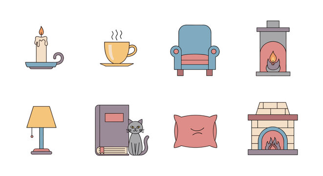 Cozy home elements with fireplace, armchair, cat, and more in flat design