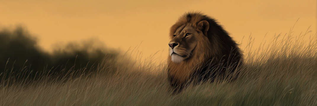 This stunning image portrays a majestic lion resting in tall grass, embodying the power and beauty of wildlife in a tranquil, natural setting at sunset.