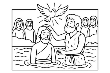 Baptism scene with jesus and john outline with dove and onlookers