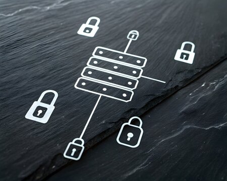 Server rack with lock icons on a dark background