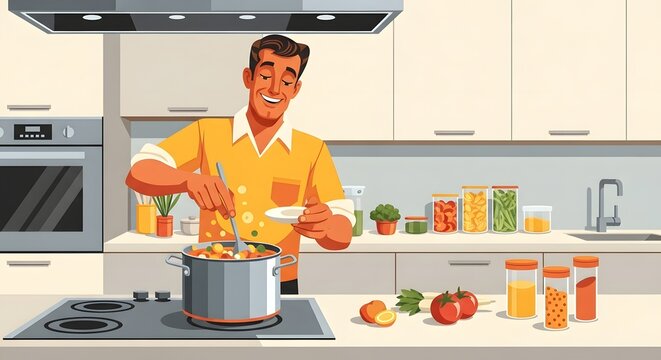 Man happily cooking a healthy meal in a modern kitchen, stirring a pot on the stove with fresh ingredients around him
