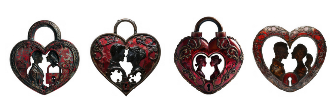 Four heartshaped lockets with silhouetted couples inside, isolated on transparent background