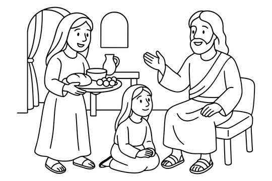 Biblical scene depicting hospitality with jesus, mary, and martha in outline style