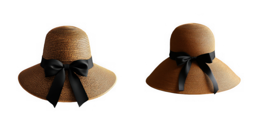 Two straw sun hats with black ribbon detail, isolated on transparent background