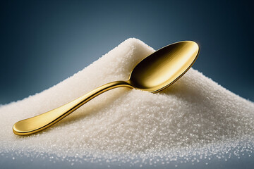 Golden spoon on white sugar symbolizing balance and moderation in diet, minimalist composition reflecting mindful choice and harmony.
