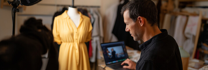 A focused designer is working on a laptop in a creative space surrounded by clothing, examining a beautiful yellow dress while engaged in the design process.