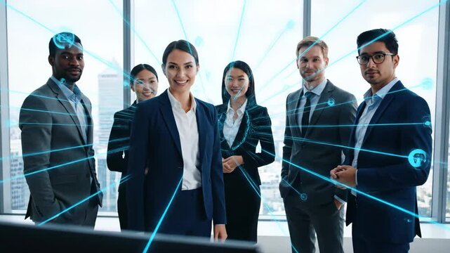 Global Business Network Team - A diverse group of business professionals are networking in front of a large window. - Powered by Adobe