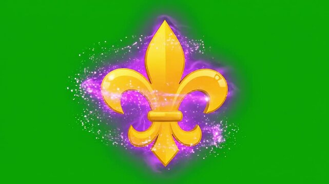 Golden fleur de lis symbol glows with magical purple energy and sparkling particles on a vibrant green background