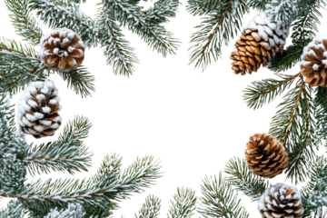 A festive arrangement of snowy pine branches and pinecones forming a decorative frame.