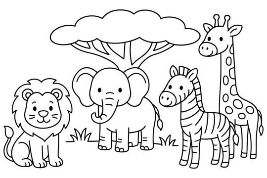 Adorable safari animals outlined style for kids coloring pages