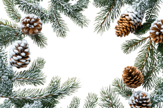 A festive arrangement of snowy pine branches and pinecones forming a decorative frame.