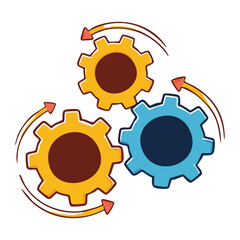 Set of Three Interlocking Cogwheels in Brown Yellow and Blue Representing Teamwork System and Operational Process