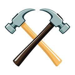 Stylized Graphic Icon of Two Crossed Carpenter's Hammers Suitable for Hardware Store or Workshop Branding