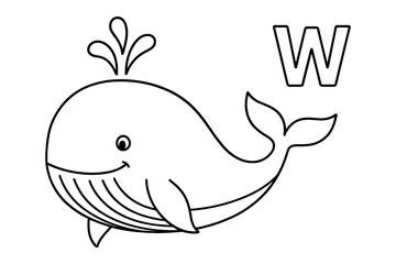 Naklejka premium Whale alphabet coloring page for kids - letter w line art