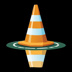 Traffic cone with a dark reflective area underneath, creating a sharp contrast on a mysterious black background