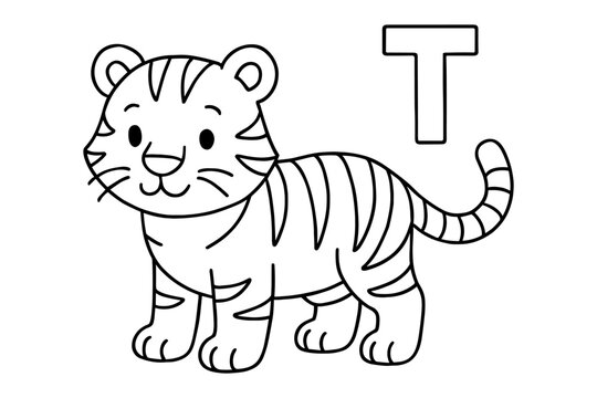 Cute tiger coloring page for kids with alphabet letter t