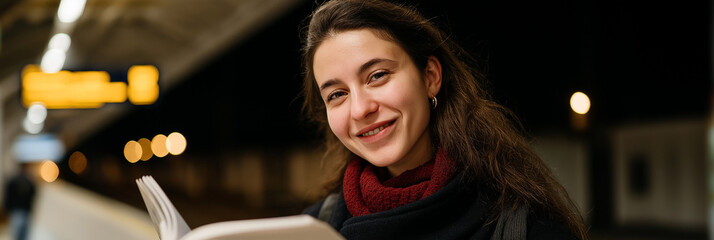 A smiling young woman reading a book at a night train station, portraying warmth, engagement, and the joy of literature amidst an urban atmosphere.