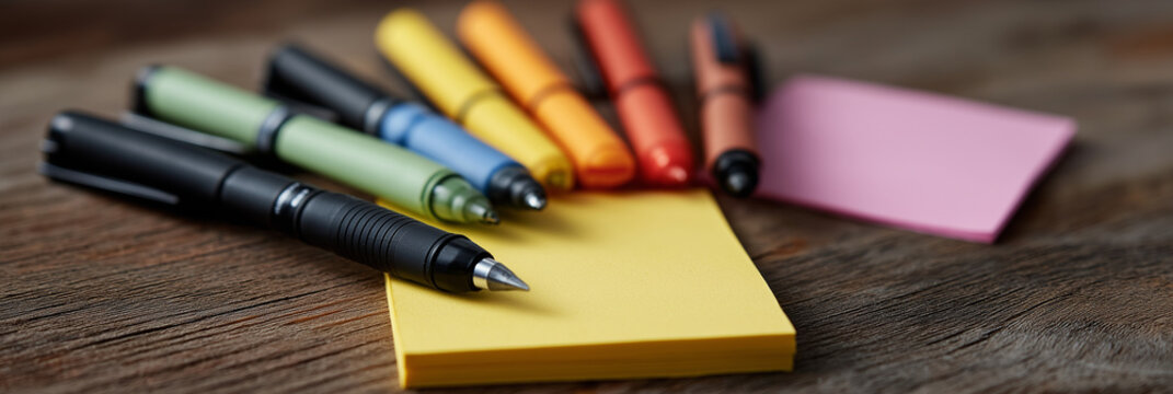 This image showcases a vibrant arrangement of colorful pens and sticky notes on a rustic wooden desk, highlighting creativity and workspace organization. - Powered by Adobe