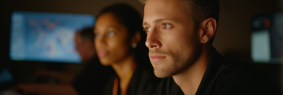 The image captures a focused team working late at computers, emphasizing collaborative effort, technology, and dedication in a dimly lit environment. - Powered by Adobe