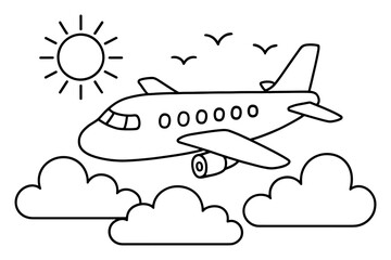 Minimalist outline drawing of airplane in flight with sun and clouds