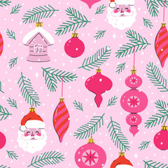 Seamless pattern with Christmas decorations and fir branches. Vector graphics.