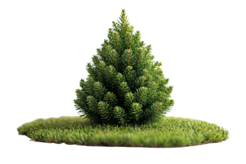 A lush green pine tree on a grassy base, isolated against a white background, perfect for nature-themed designs and illustrations.