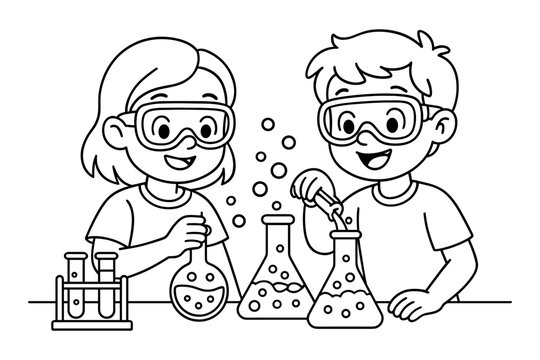 Kids in science lab conducting fun experiments with beakers and test tubes