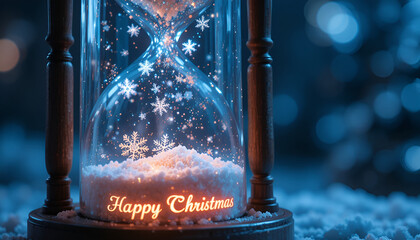Hourglass filled with snow and snowflakes wishing a happy christmas time
