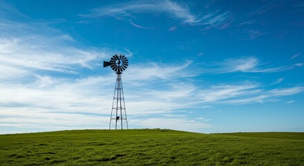 Obraz premium Windmill on a grassy hill under a bright blue sky