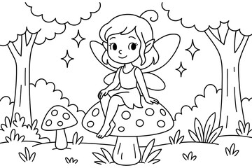 Cute fairy sitting on mushroom in enchanted forest outline art