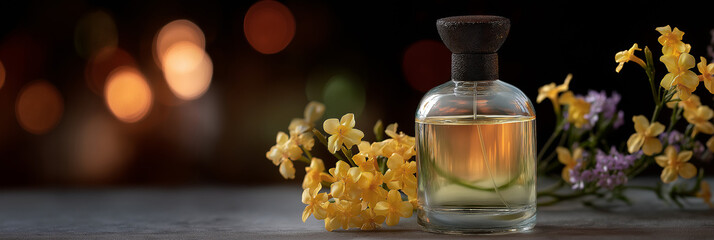 This exquisite image showcases a classy perfume bottle beside vibrant yellow flowers, creating a serene and luxurious ambiance perfect for beauty and fragrance themes.