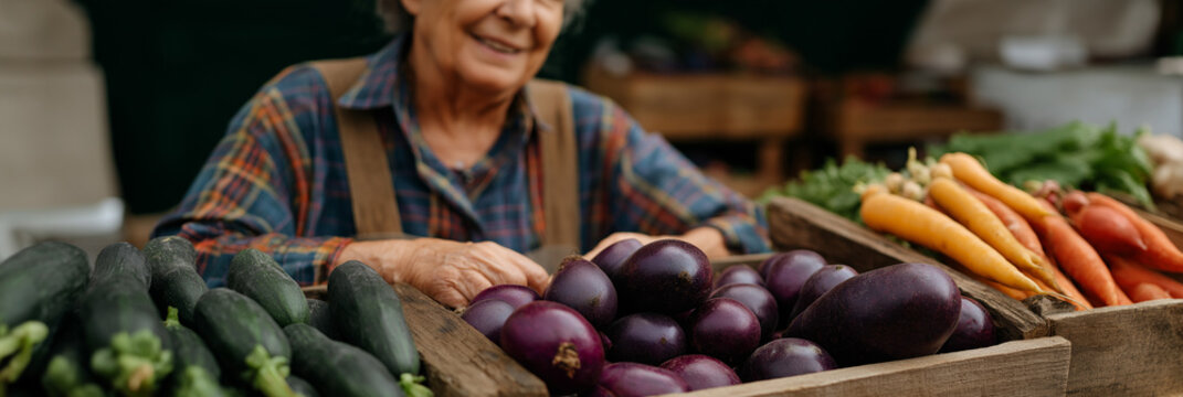 An elderly vendor joyfully displaying fresh produce at a market, signifying the importance of community and healthy living. Her smile reflects warmth and approachability.