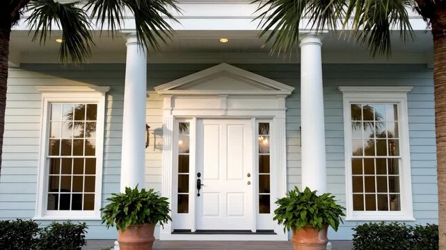 Classic Home Entrance with Palm Trees - A symmetrical shot of a light blue home's entrance featuring a white door flanked by two windows, tall white columns, and potted plants.