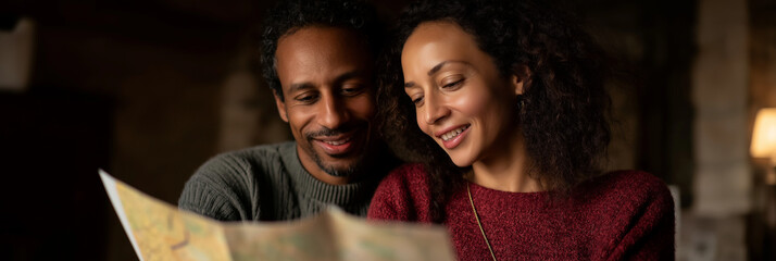A happy couple sits closely together, examining a map and sharing smiles, embodying adventure and connection as they plan their next journey in a cozy setting.