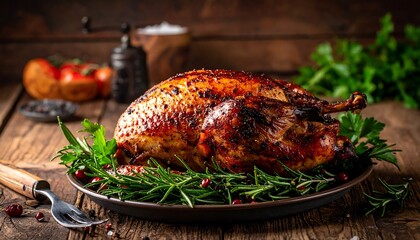 Roasted Turkey on a Bed of Greens for Thanksgiving Dinner.