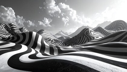 Surreal Zebra Striped Landscape with Cloudy Sky in Black and White.