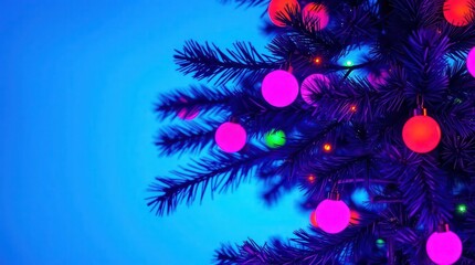 Vibrant Christmas tree glowing against a blue backdrop
