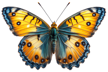 A vibrant orange and blue butterfly showcasing intricate wing patterns against a white isolated background.