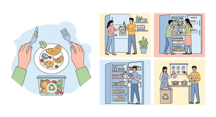 Set of illustrations depicting conscious consumption, food waste reduction, and recycling at home.