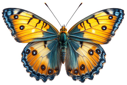 A vibrant orange and blue butterfly showcasing intricate wing patterns against a white isolated background.